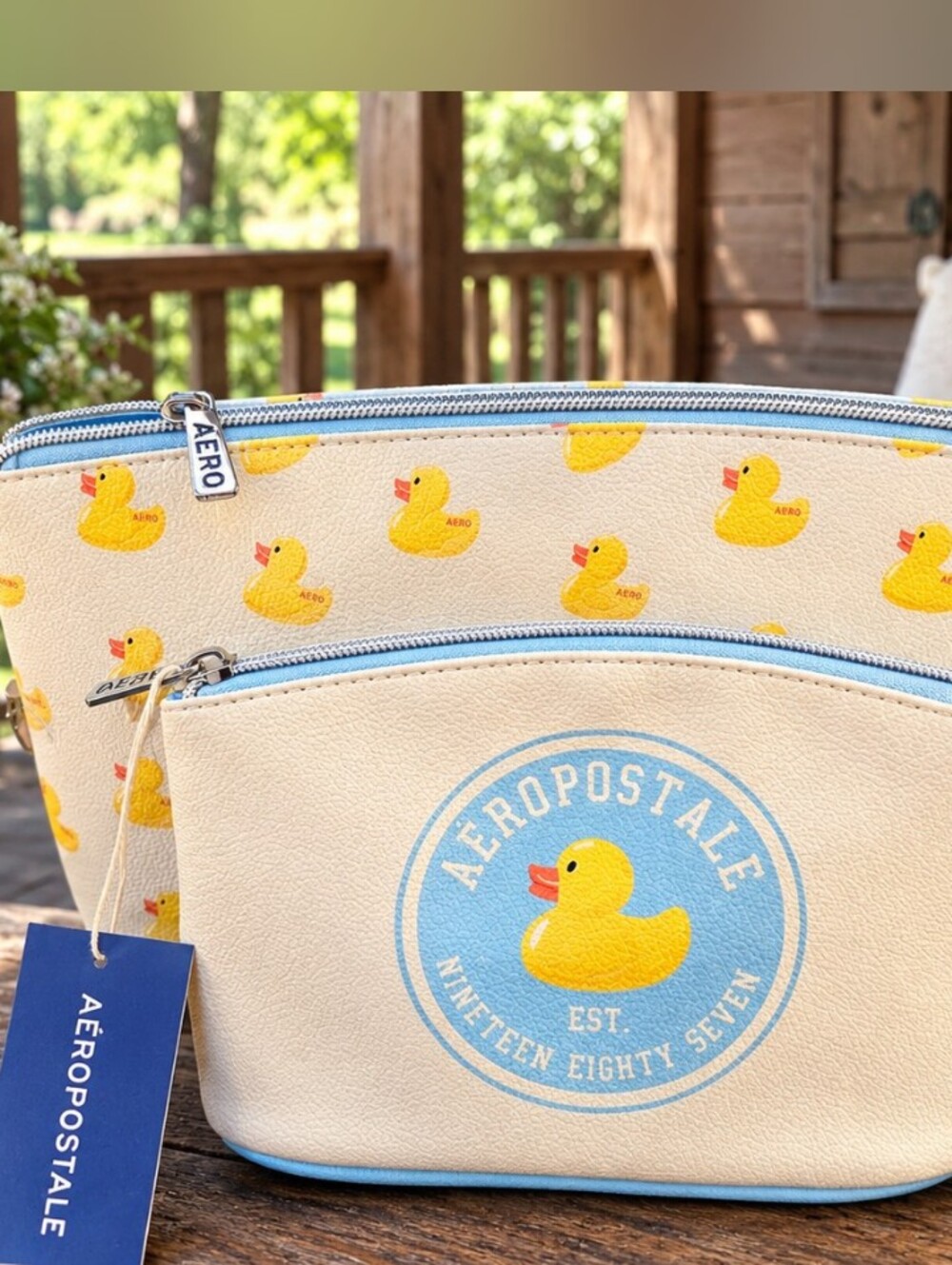 Aeropostale 2 PC CREAM Wristlet Pouch with Yellow Duck Print NWT